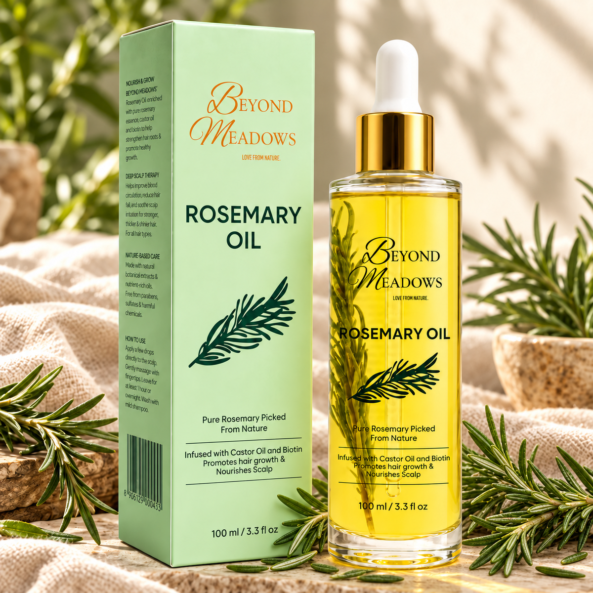 Beyond Meadows rosemary oil, a 100 ml dropper bottle with a sprig of rosemary beside it.