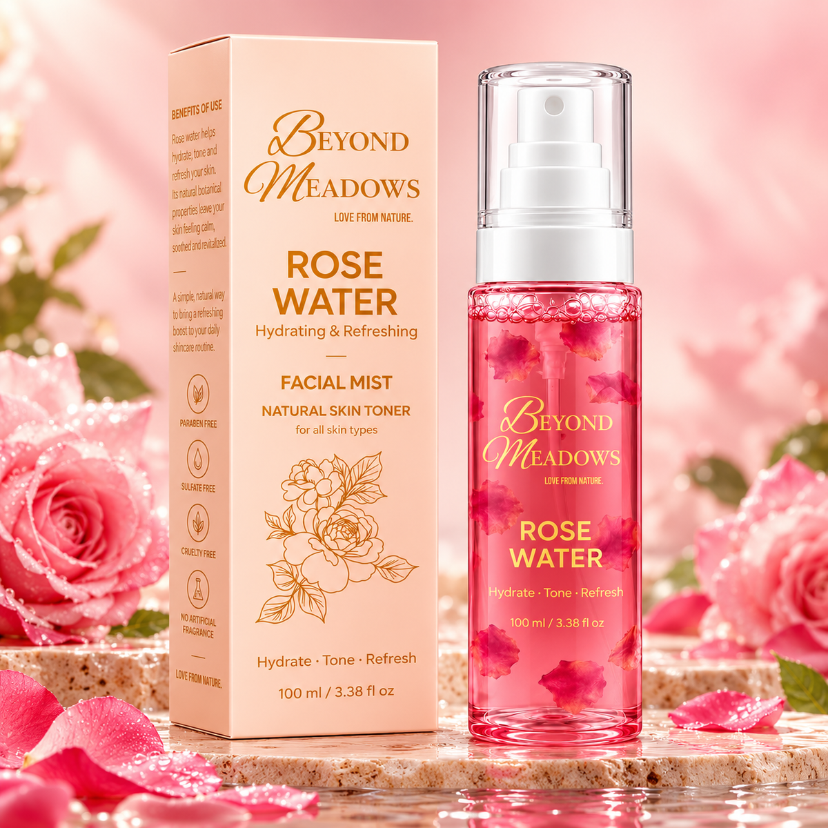 Beyond Meadows rose water spray, a 100 ml bottle with fresh roses and petals beside it.