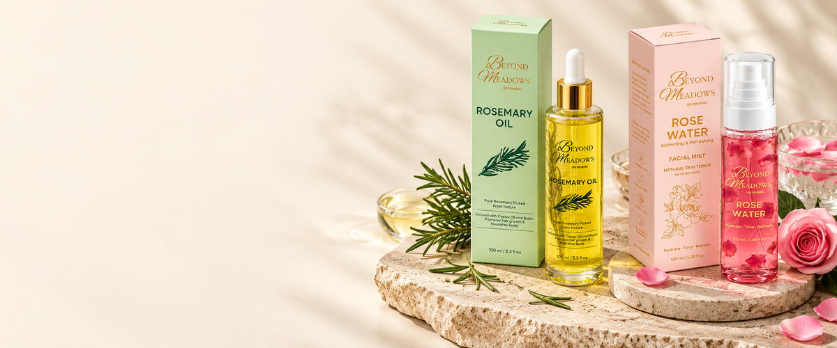 Beyond Meadows rosemary oil and rose water, bottles and cartons together on a round travertine slab, with a pink rose, loose petals and fresh rosemary in warm daylight.